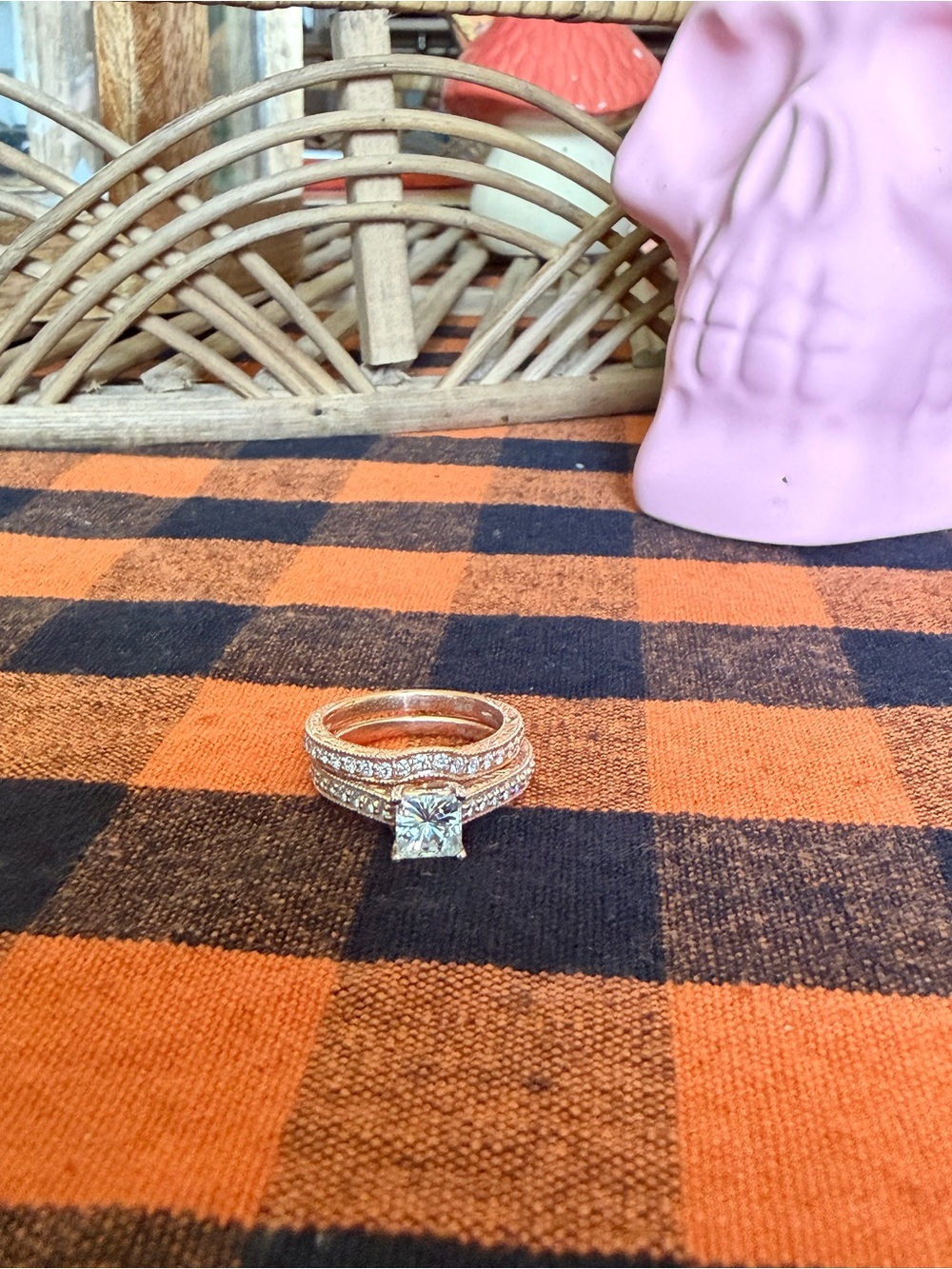 Rose Gold Princess-Cut Moissanite Bridal Ring Set - Pink Accents